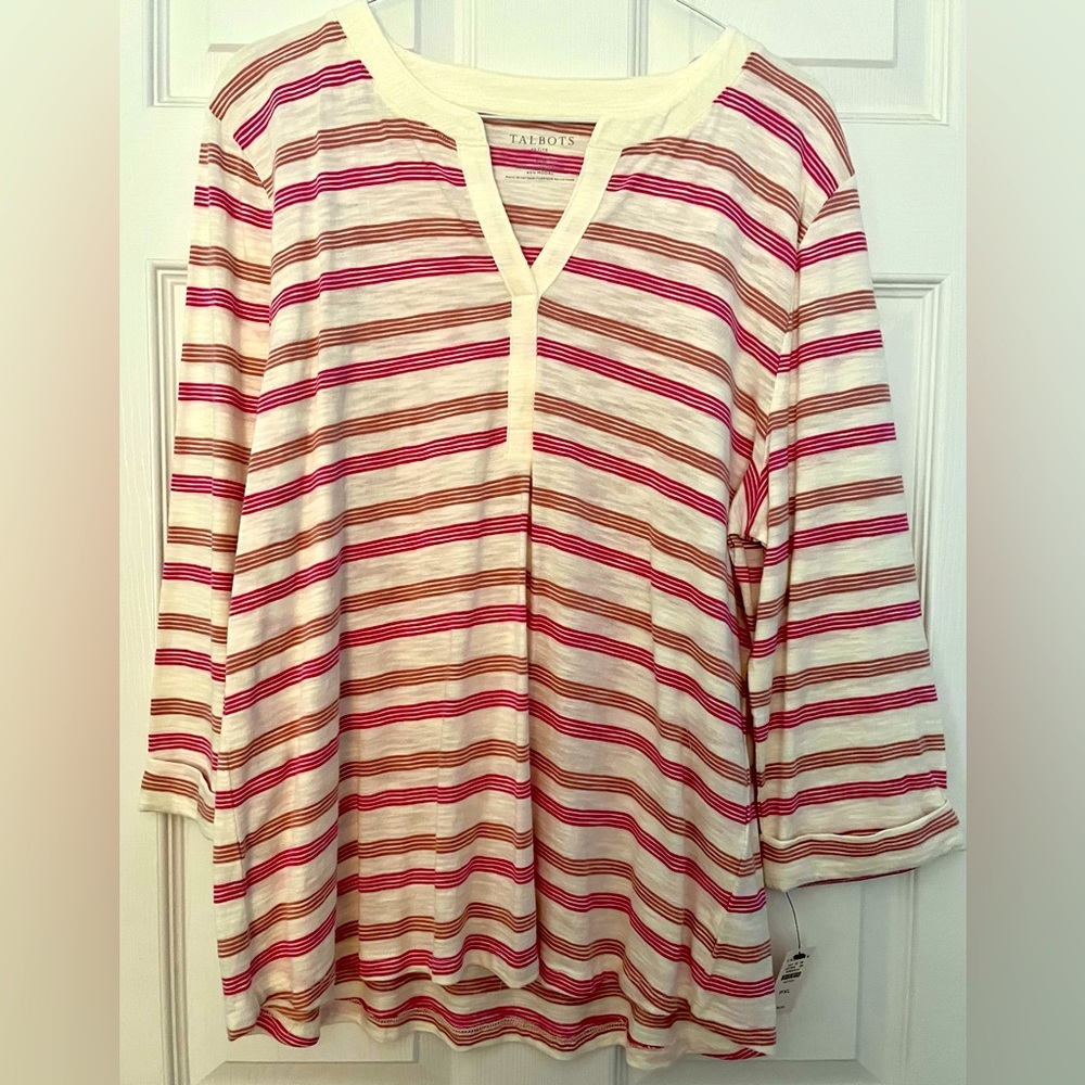 Talbots NWT ivory, pink and mauve striped top Petite XLarge